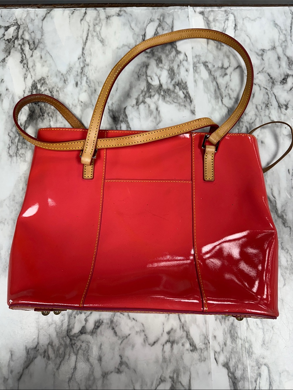 Coral Patent Tote Bag with Tan Handles